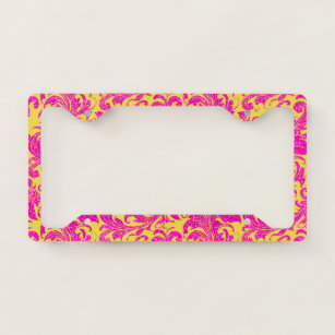 Yellow and  Pink Floral Swirls Damasks License Plate Frame