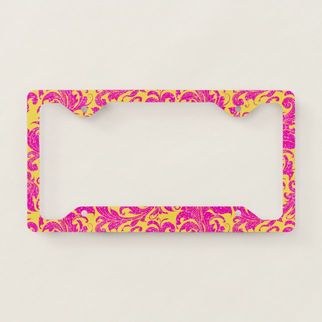 Yellow and  Pink Floral Swirls Damasks License Plate Frame (Front)