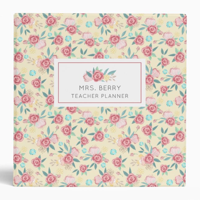 Yellow and Pink Floral Teacher Planner 3 Ring Binder (Front)