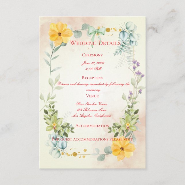 Yellow and Pink Floral Wedding Enclosure Card (Front)