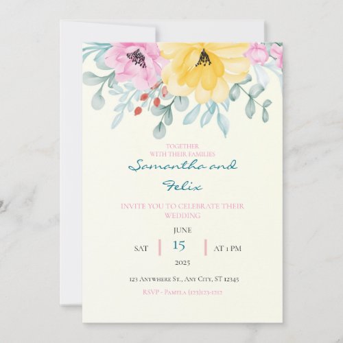 Yellow and Pink Floral Wedding Invitation