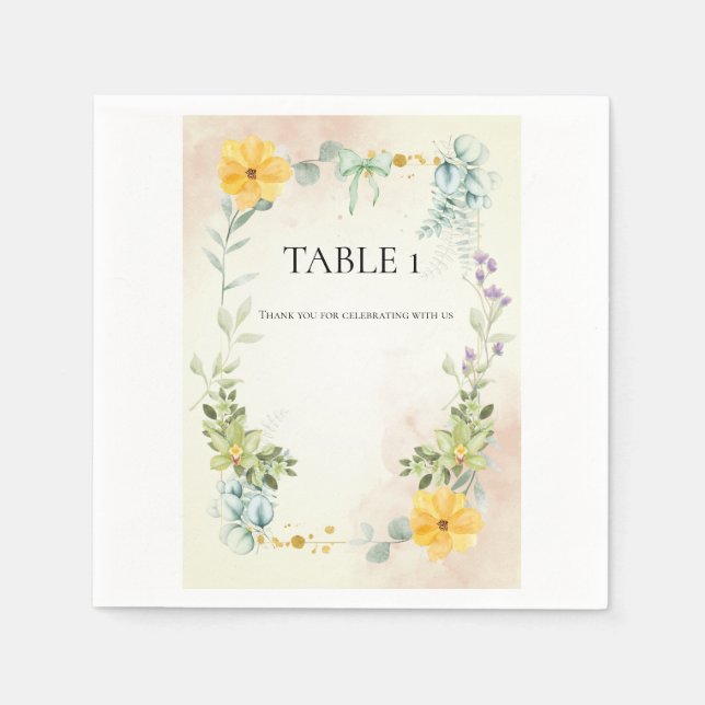 Yellow and Pink Floral Wedding Table Number Napkins (Front)