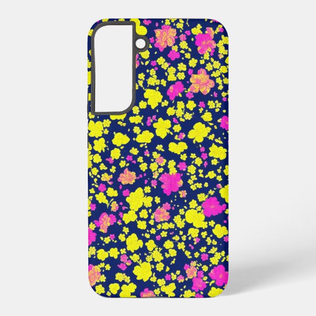 Yellow and pink flower patterns on dark blue backg samsung galaxy case (Back)