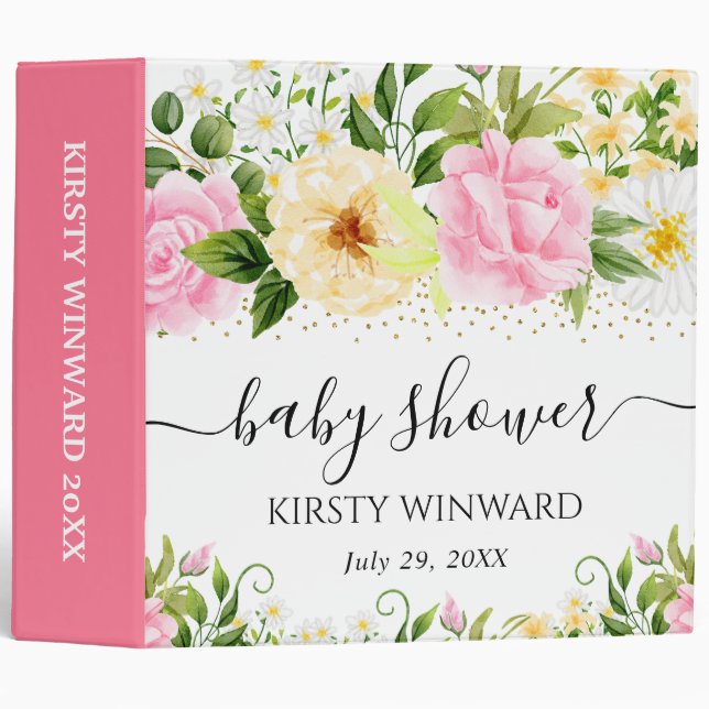 Yellow and Pink Flowers Baby Shower Photo Album 3 Ring Binder (Front/Spine)
