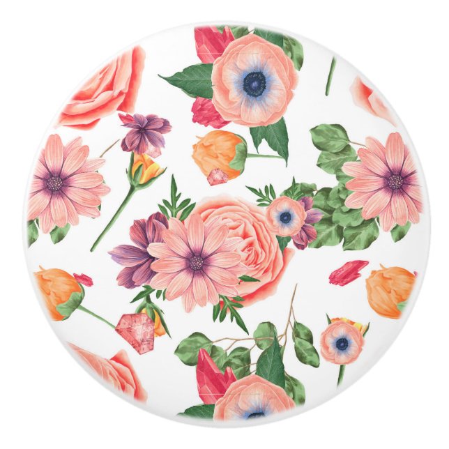 Yellow And Pink Flowers Ceramic Knob (Front)