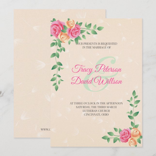 Yellow And Pink Flowers Wedding Invitation (Front/Back)