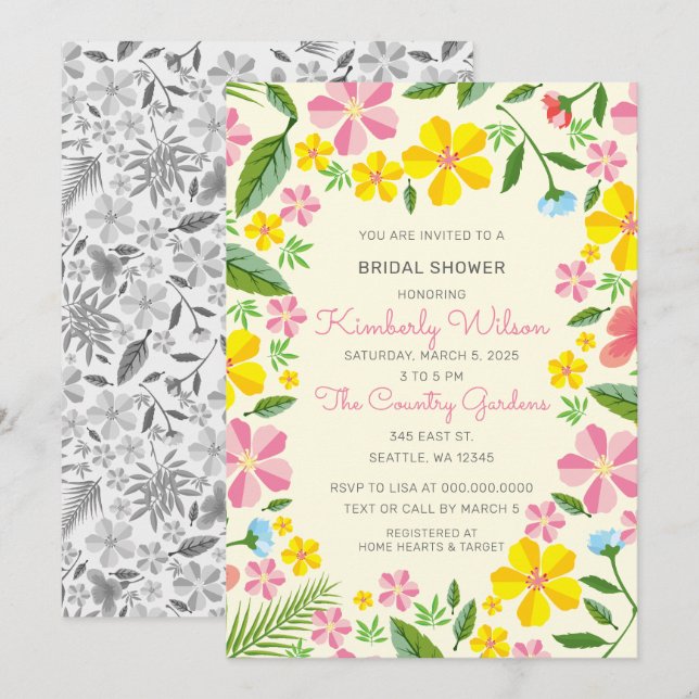 Yellow and Pink Garden Floral Bridal Shower Invitation (Front/Back)