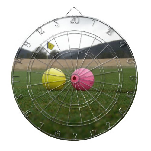 yellow and pink golf balls dart board