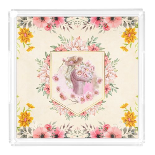 Yellow and Pink Graphic Design Lady Of Spring Acrylic Tray