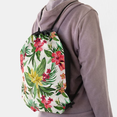 Yellow And Pink Hibiscus Pattern Drawstring Bag