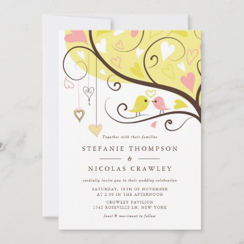 Yellow and Pink Love Birds Wedding Invitation