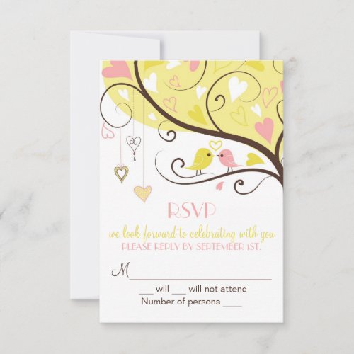 Yellow and Pink Lovebird RSVP Wedding Card Invites