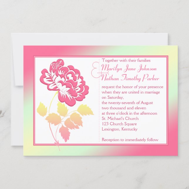 Yellow and Pink Peony Linen Wedding Invitation (Front)