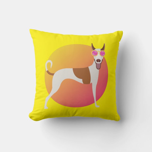 Yellow and Pink Podenco Dog with Sunglasses Throw Pillow (Front)