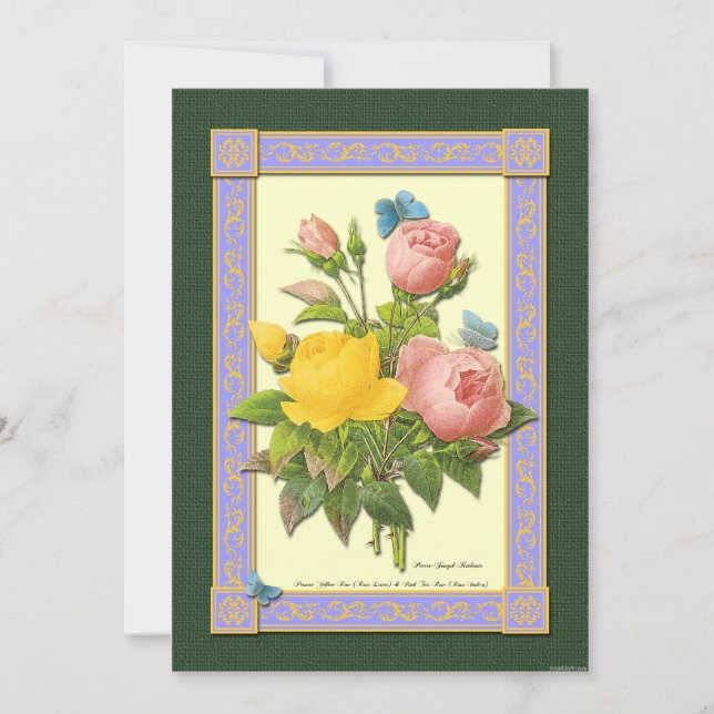Yellow and Pink Roses Botanical Art Invitations (Front)