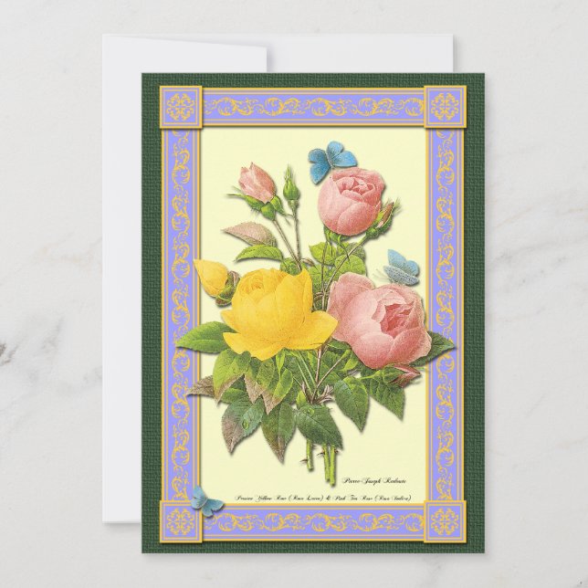 Yellow and Pink Roses Botanical Custom Invitations (Front)
