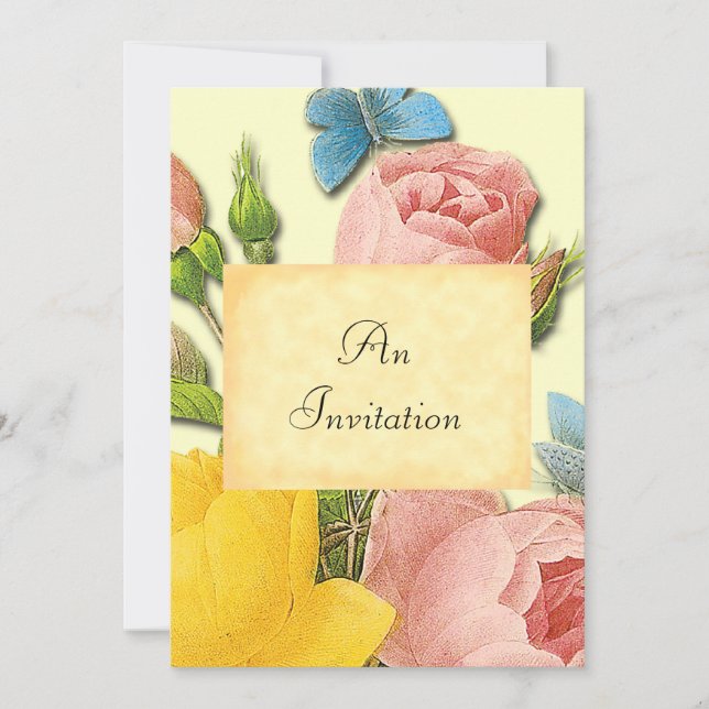 Yellow and Pink Roses Botanical Custom Invitations (Front)