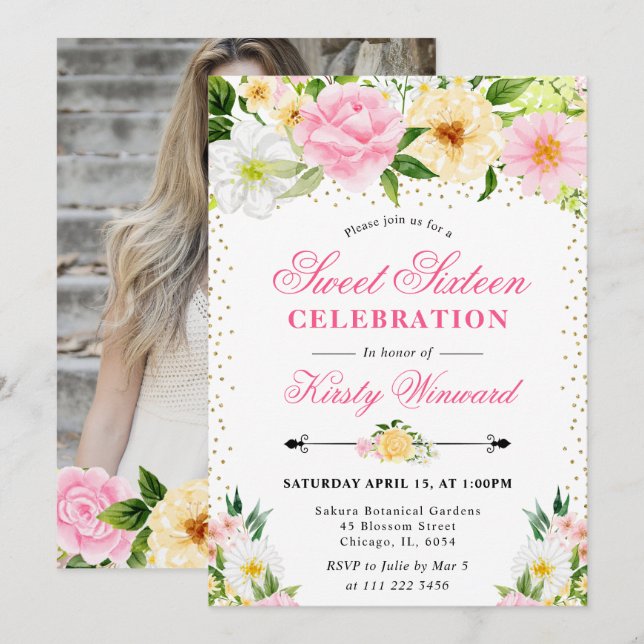 Yellow and Pink Summer Flowers Photo Sweet 16 Invitation (Front/Back)