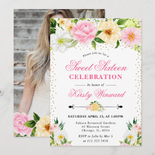 Yellow and Pink Summer Flowers Photo Sweet 16 Invitation