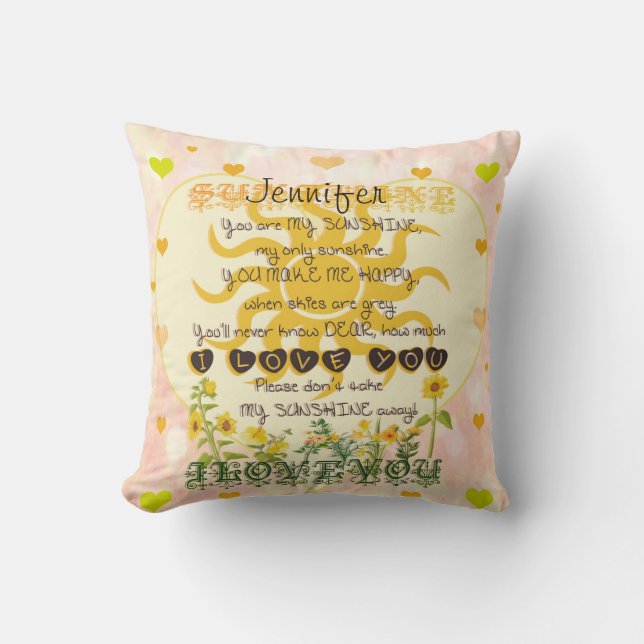 Yellow and Pink Sunshine with Hearts Throw Pillow (Front)