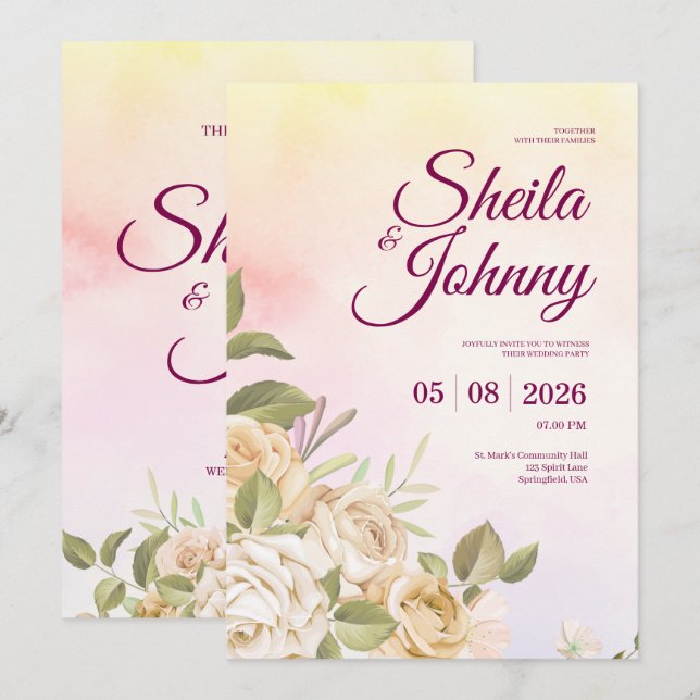 Yellow and Pink Watercolor Elegance Wedding Invitation (Front/Back)