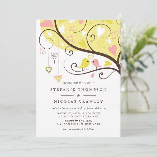 Yellow and Pink Love Birds Wedding Invitation