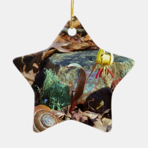 Yellow and Plum Trout Lily and Snail Shell Ceramic Ornament