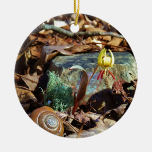 Yellow and Plum Trout Lily and Snail Shell Ceramic Ornament