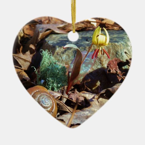 Yellow and Plum Trout Lily and Snail Shell Ceramic Ornament