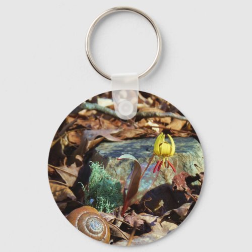 Yellow and Plum Trout Lily and Snail Shell Keychain