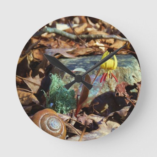 Yellow and Plum Trout Lily and Snail Shell Round Clock