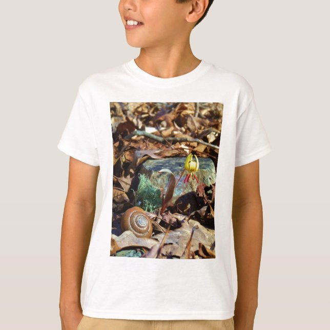 Yellow and Plum Trout Lily and Snail Shell T-Shirt (Front)