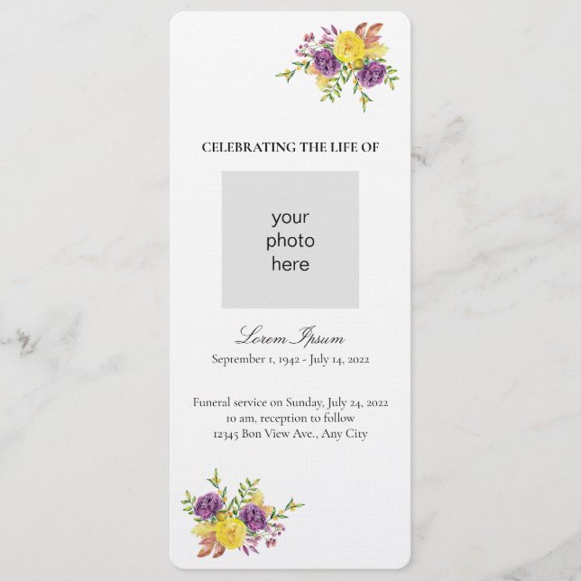 Yellow and Purple Botanical Spray Funeral Program (Front)