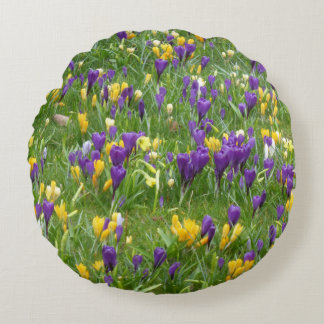 Yellow and Purple Crocuses Round Pillow