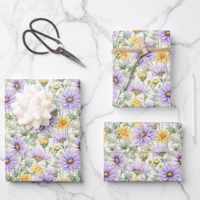 Yellow and Purple Daisy-like Flowers Print Wrapping Paper Sheets (Front)