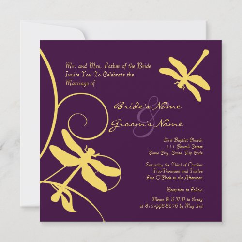 Yellow and Purple Dragonfly Wedding Invitation