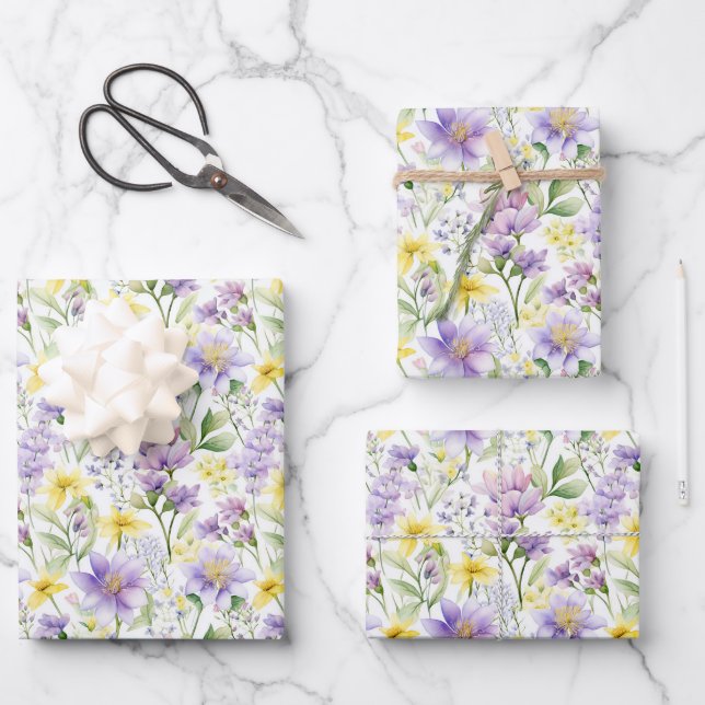 Yellow and Purple Flowers Botanical Print Wrapping Paper Sheets (Front)