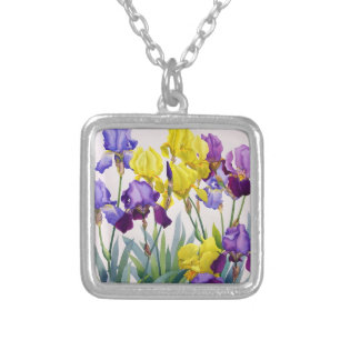 Yellow and Purple Irises Silver Plated Necklace