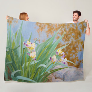 Yellow and Purple Irises with Golden Light Fleece Blanket