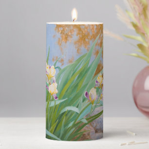 Yellow and Purple Irises with Golden Light Pillar Candle