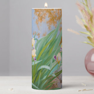 Yellow and Purple Irises with Golden Light Pillar Candle