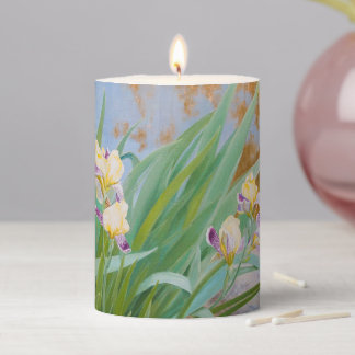 Yellow and Purple Irises with Golden Light Pillar Candle