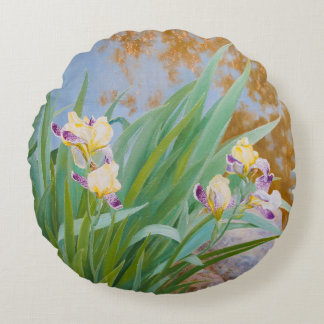 Yellow and Purple Irises with Golden Light Round Pillow