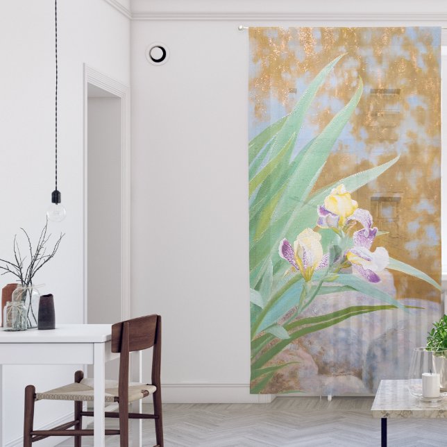 Yellow and Purple Irises with Golden Light Sheer Curtains (Living Room)