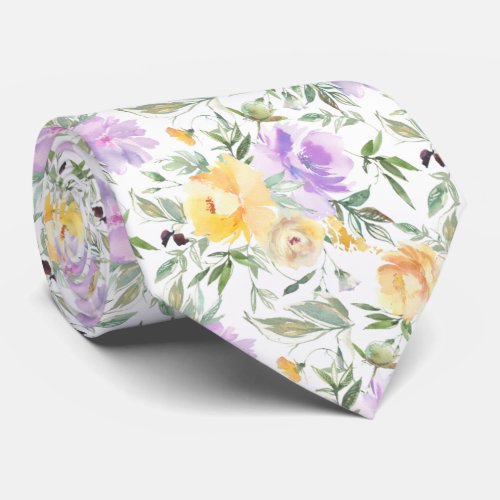 Yellow and Purple Lavender Watercolor Roses Floral Neck Tie