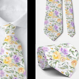 Yellow and Purple Lavender Watercolor Roses Floral Neck Tie
