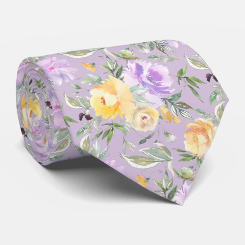 Yellow and Purple Lavender Watercolor Roses Floral Neck Tie