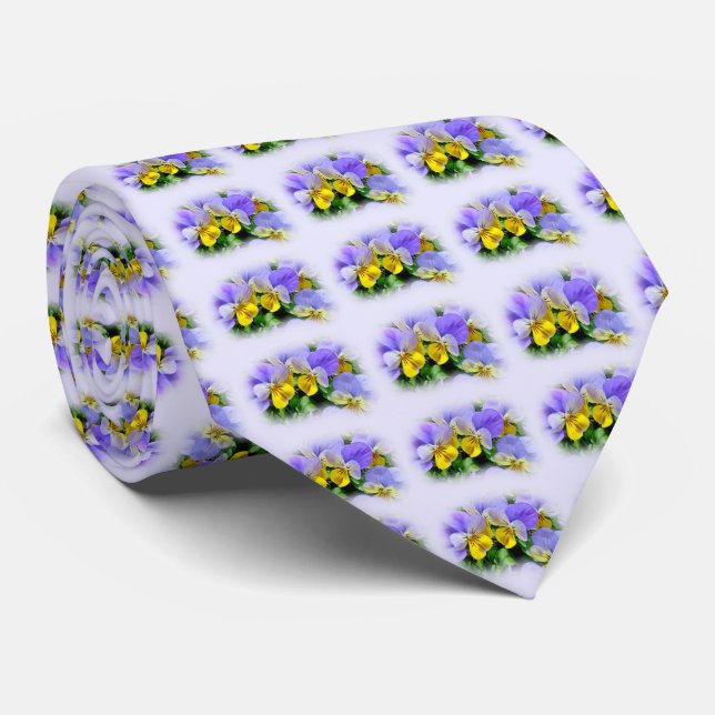 Yellow and Purple Pansies Tie (Rolled)