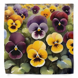 Yellow and purple pansies watercolor painting bandana