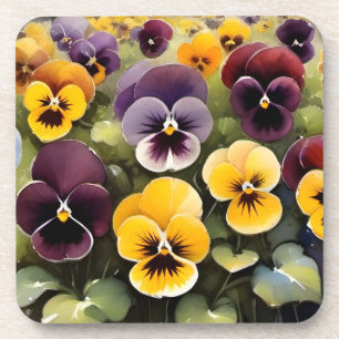 Yellow and purple pansies watercolor painting beverage coaster
